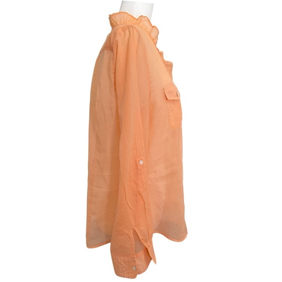 Talbots W’s Cotton Semi-Sheer Ruffle Blouse 10 Orange Long Sleeve Button Down - Picture 3 of 8